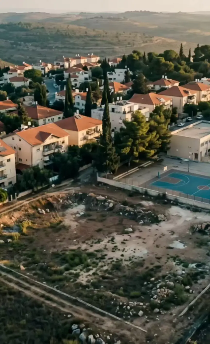 מבט אווירי על שכונת מגורים ומתחמי קרקע ירוקים באזור פיתוח בישראל, בשעת בוקר